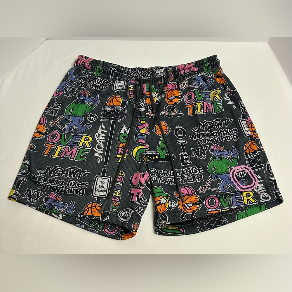 Overtime Black Mesh Athletic Shorts with Vibrant Graphic Print